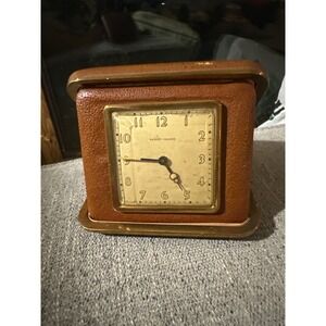 Penney‎ Walker Travel Alarm Clock Brown Leather Case Foldable Square Face 4"